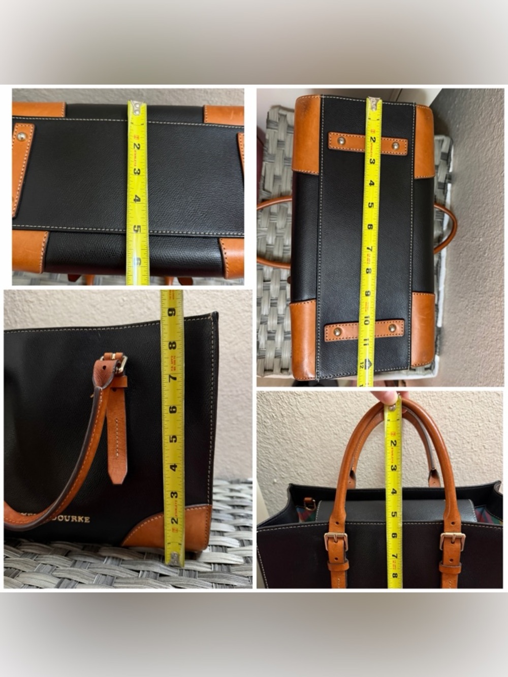 Dooney & Bourke Black Janine Leather Satchel Tan Trim Colorful Chevron Lining - Picture 3 of 16